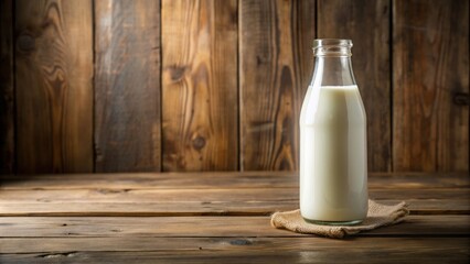 Sticker - Bottle of milk placed on a wooden table , dairy, milk, bottle, white, table, fresh, organic, healthy, beverage, calcium, breakfast