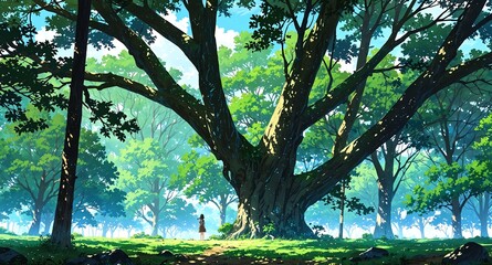 Wall Mural - quiet forest with ancient tree background panoramic wide angle view anime cartoon