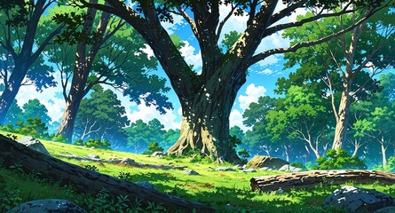 Canvas Print - quiet forest with ancient tree background panoramic wide angle view anime cartoon