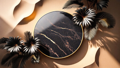 Sticker - Black Marble Tray with Gold Rim and Tropical Leaves on Sand Background