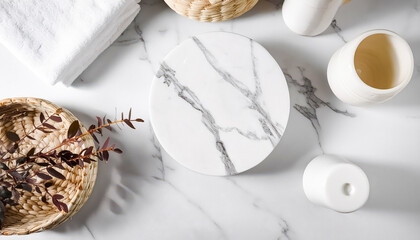 Canvas Print - White marble background with natural elements