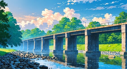 Canvas Print - quiet river with stone bridge background panoramic wide angle view anime cartoon