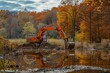 © Sergej Gerasimov - Autumn landscape with excavator by pond in picturesque setting, serene nature scene
