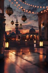 Poster - Mosque at Sunset with Warm Lights