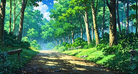 Canvas Print - serene forest path with birdsong background panoramic wide angle view anime cartoon