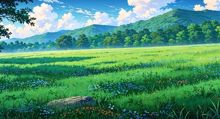 Wall Mural - serene meadow with wildflowers background panoramic wide angle view anime cartoon