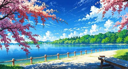 Wall Mural - serene lakeside with cherry blossoms background panoramic wide angle view anime cartoon