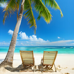 Two empty sunbeds are standing on a white sand beach under a palm tree on a sunny day