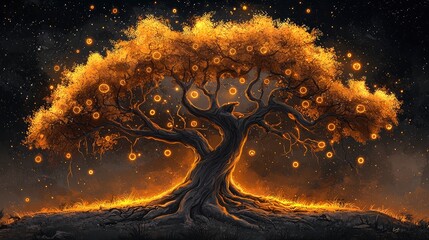 Wall Mural - Magical Tree with Glowing Lights in the Night Sky