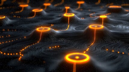 Abstract Digital Landscape with Glowing Lines and Circular Patterns