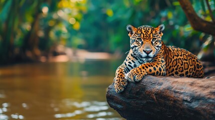 Wall Mural - A jaguar is laying on a log in a river. The scene is peaceful and serene, with the baby jaguar looking out at the water