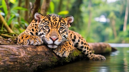 Wall Mural - A jaguar is laying on a log in a river. The scene is peaceful and serene, with the baby jaguar looking out at the water