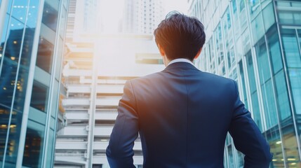 Wall Mural - A man in a suit is standing in front of a building with a bright sun shining on him. Concept of professionalism and determination, as the man is focused