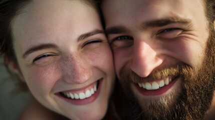 Wall Mural - A man and woman are smiling at the camera. The man has a beard and the woman has a nose piercing