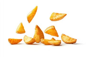 Falling fried Potato wedges, isolated on white background, full depth of field , ai