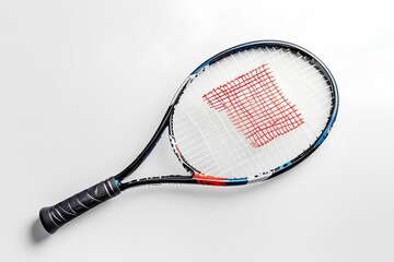 single tennis racket with red strings lying on a white background, highlighting the fine details of the string pattern and the modern design of the sports equipment