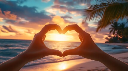 Heart Shape Hand Gesture: Two hands forming a heart shape with a sunset beach scene in the background.
