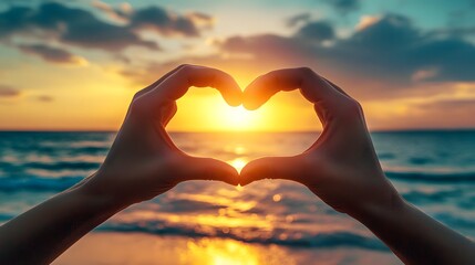 Heart Shape Hand Gesture: Two hands forming a heart shape with a sunset beach scene in the background.
