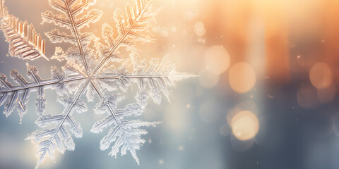 Wall Mural - Abstract background with a single snowflake, intricate crystal structure, blurred winter background