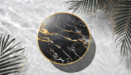 Poster - Black Marble Round Tray with Gold Rim on a White Background with Palm Leaves