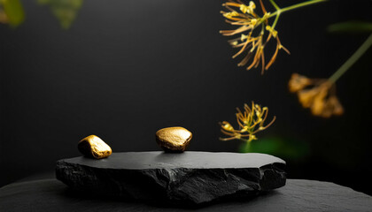 Wall Mural - Gold Stones on Black Rock Platform