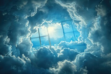 Wall Mural - a view through a window framed by fluffy clouds and soft glowing light, evoking a dreamy, ethereal f
