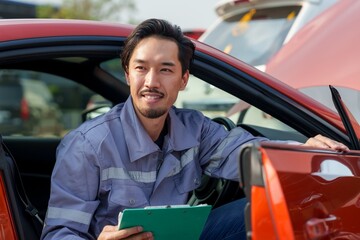 Wall Mural - Asian male insurance officer uniform holding clipboard outside a red car. Checking details after a vehicle accident. Represents professionalism, customer service in the automotive insurance industry,