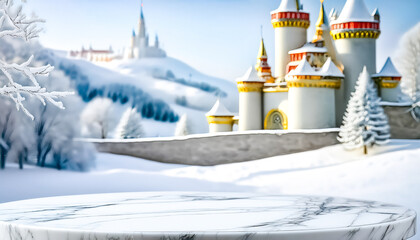 Poster - Marble Tabletop with Snowy Winter Castle Background