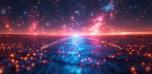 Poster - 3d render of futuristic neon glowing landscape with abstract digital background, blue and pink color. Big data grid technology