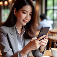 Wall Mural -  An attractive Asian businesswoman is using her smartphone while working remotely from a cafe.