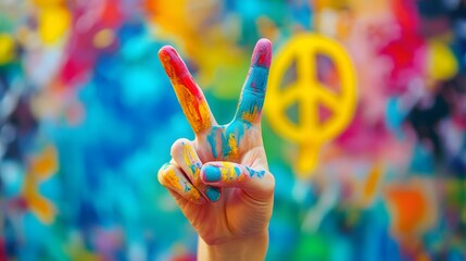 Peace Sign Hand Gesture: A hand making a peace sign against a bright, colorful background.
