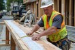 © yzf_boy - Construction Worker Measuring Wood Beam with Tape Measure