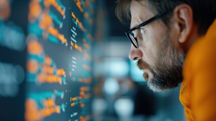 Software Developer Examining Code. Side profile of a bearded man with glasses closely examining code on a computer screen, highlighting the tech industry's precision and focus.