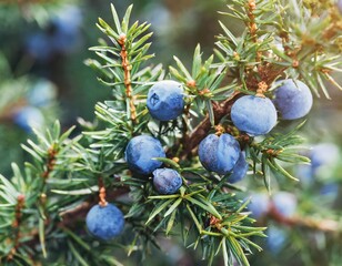 Wall Mural - Close-Up Of Juniper Berries Growing On Tree. Juniper branch with blue and green berries grow