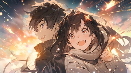 anime characters a boy and a girl  couple laughing together colorful star background