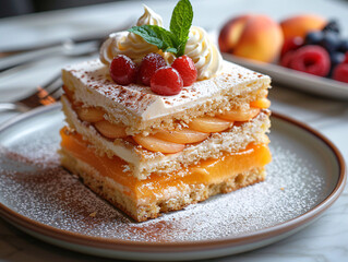 Wall Mural - a tart with a whipped cream topping and peaches, presented on a wooden table with a backdrop of greenery.