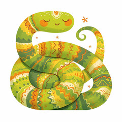 Canvas Print - 2025 A green and yellow snake with flowers on it is sleeping. The snake is curled up and has a peaceful expression