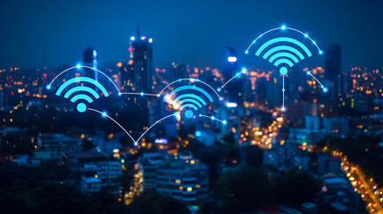 Wall Mural - Modern City with Wireless Network Connection at Night