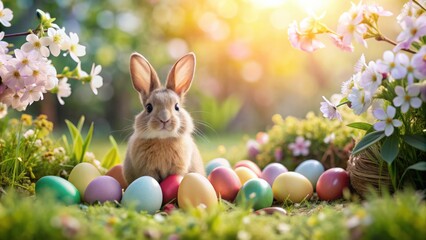 Wall Mural - Easter bunny surrounded by pastel Easter eggs in a blooming garden , Easter, bunny, garden, pastel, eggs, spring