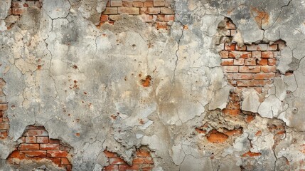 Wall Mural - Old brick wall with cracked plaster revealing industrial texture and age