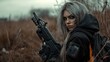 © anis rohayati - Warrior woman character carry weapons during disasters to survive background wallpaper AI generated image