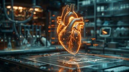 Wall Mural - a holographic heart model is displayed prominently in a modern laboratory while researchers analyze 