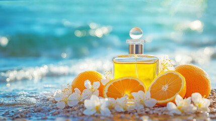 Wall Mural - Citrus perfume or fruity essential oil with citrus notes against the background of the blue sea. Oranges and white flowers are lying nearby.