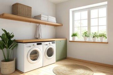 Minimalist Laundry Room, Bright laundry room with plants and natural light, Home Organization.