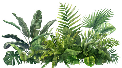 A lush green jungle with a variety of plants and trees isolated on a transparent background