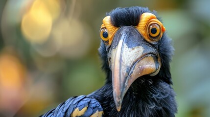 Southern pied hornbill portrait against soft natural background