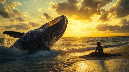 Poster - A woman sitting on the beach watching a humpback whale jumping out of the water