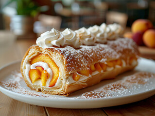 Wall Mural - a long, golden-brown peach cake roll with a fruit filling, topped with whipped cream and raspberries.