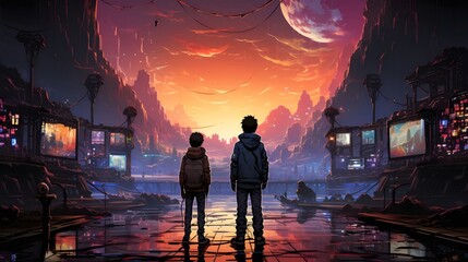 Two figures stand on a futuristic cityscape with a bright sunset in the background.