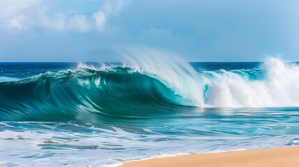 Wall Mural - a large wave breaking on a sandy beach in the ocean